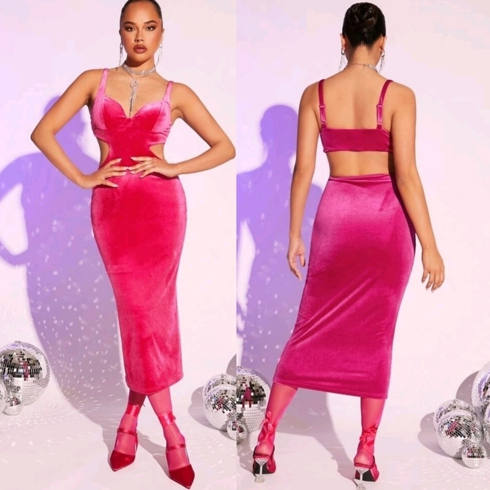 NWT BUSTIER CUT OUT PINK VELVET BODYCON MIDI DRESS